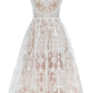 Women White Lace Midi Dress Nude Mesh Embroidered Floral Boho Sleeveless Party