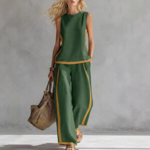 Summer Suits Round-neck Sleeveless Vest Top And High-waist Wide-leg Pants Casual Loose Set