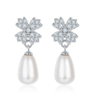 S925 Sterling Silver Natural Freshwater Pearl Dangle Earrings, Clover Pave, Round Teardrop Pearl, Platinum Plated, 2g, Gift Box